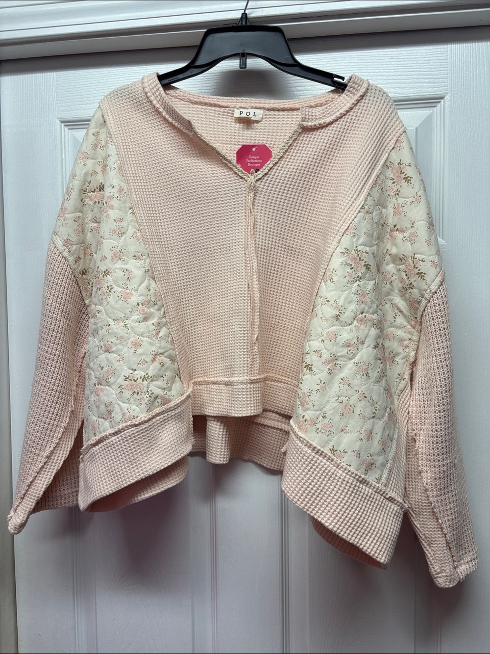 POL Pink Floral Quilted Waffle-Knit Oversized Pullover Medium New